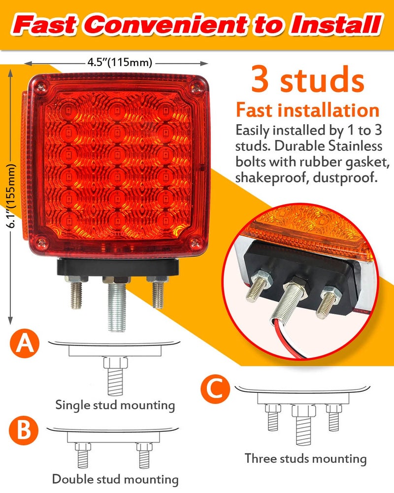 Aukmak 2pcs Amber + Red 39 LED Square Pedestal Lights Stud Mount Trailer Fender Lights Double Face Semi Truck LED Turn Signal Light Trucks Accessories Side Marker - Image 5